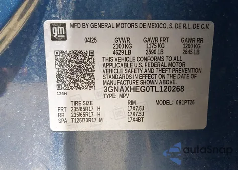 2026 Chevrolet Equinox Fwd Lt z USA, uszkodzony, nr VIN 3GNAXHEG0TL120268